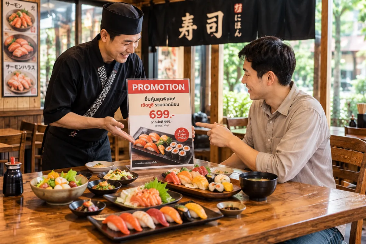 โปรโมชั่นร้านอาหารญี่ปุ่น พร้อมเชฟและลูกค้าภายในร้านอาหารญี่ปุ่น
